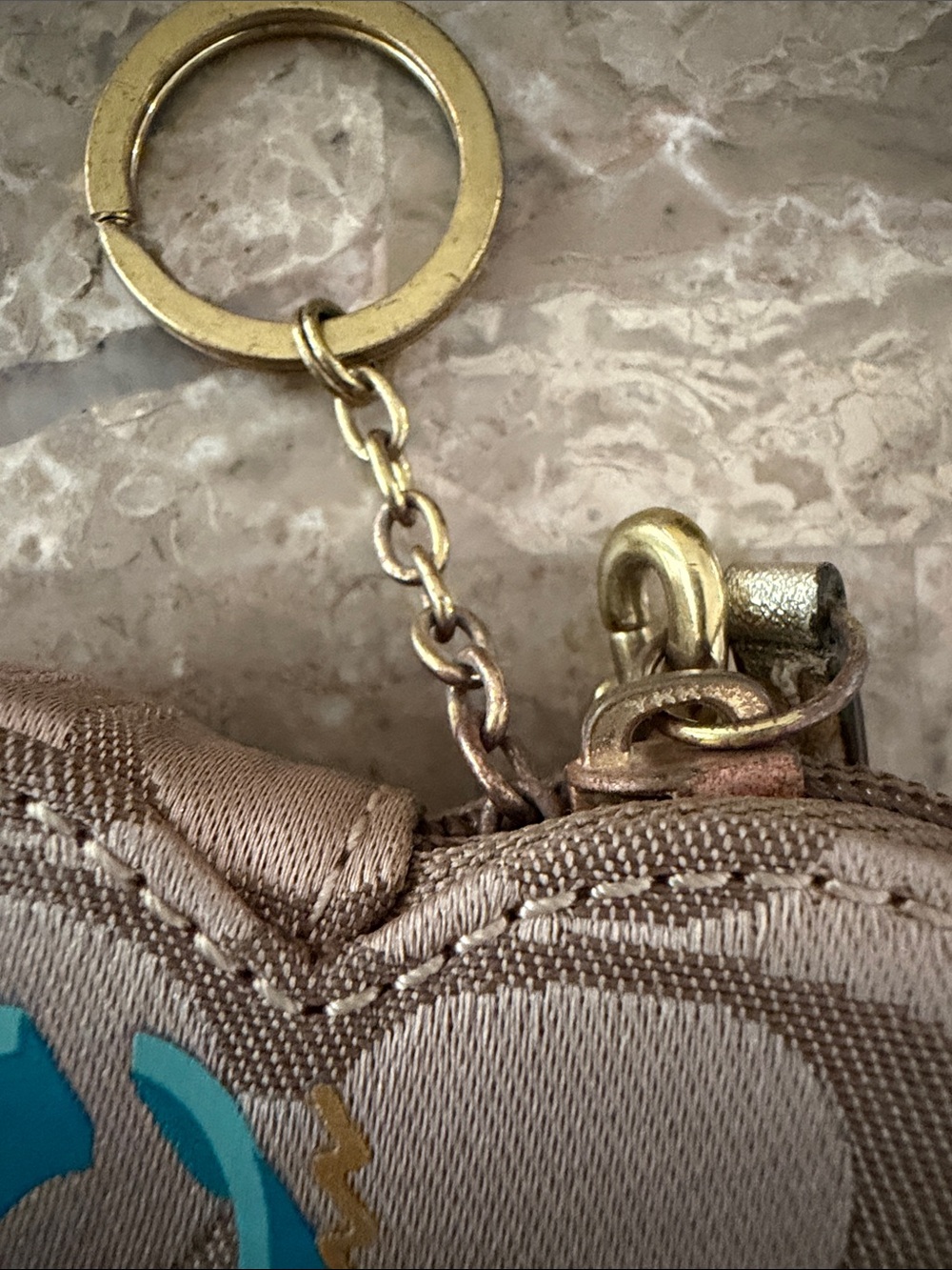 Coach Beige Signature Heart Coin Case Keychain with Blue, Pink & Yellow Accents - Picture 4 of 11
